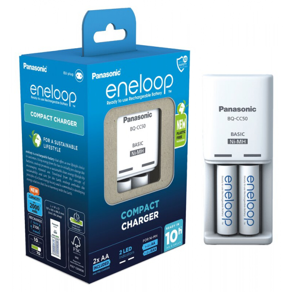 Panasonic Eneloop Batterieladegerät BQ-CC50 und 2 wiederaufladbare LR6/AA-Batterien Eneloop 2000mAh