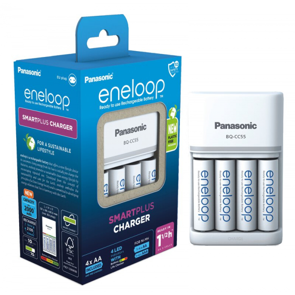 Panasonic Eneloop Batterieladegerät BQ-CC55 NI-MH + 4 wiederaufladbare batterien LR6/AA Eneloop 2000mAh