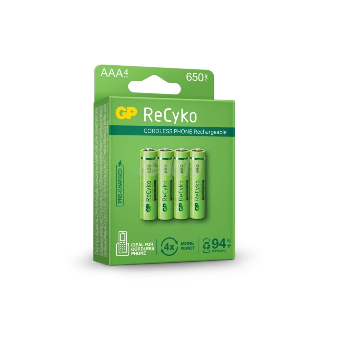 Blister mit 4 Batterien wiederaufladbar Recyko+ AAA 650mAh Dect Phone Power